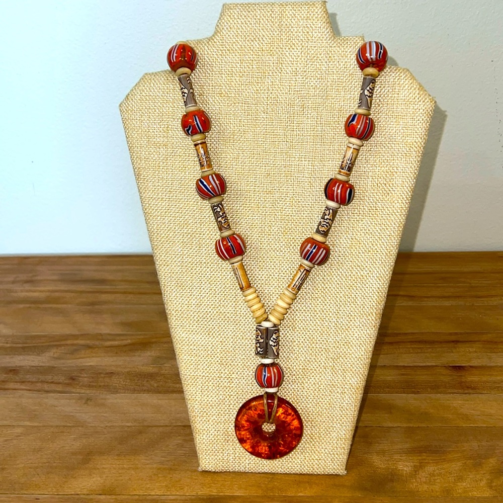 Long Amber Donut Bone and Indigenous Clay Beads Necklace Southwest Motif